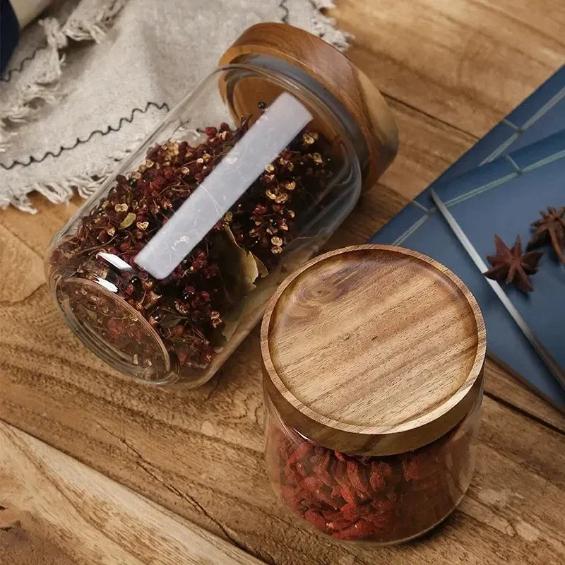 Bocal hermétique en verre, couvercle en bois