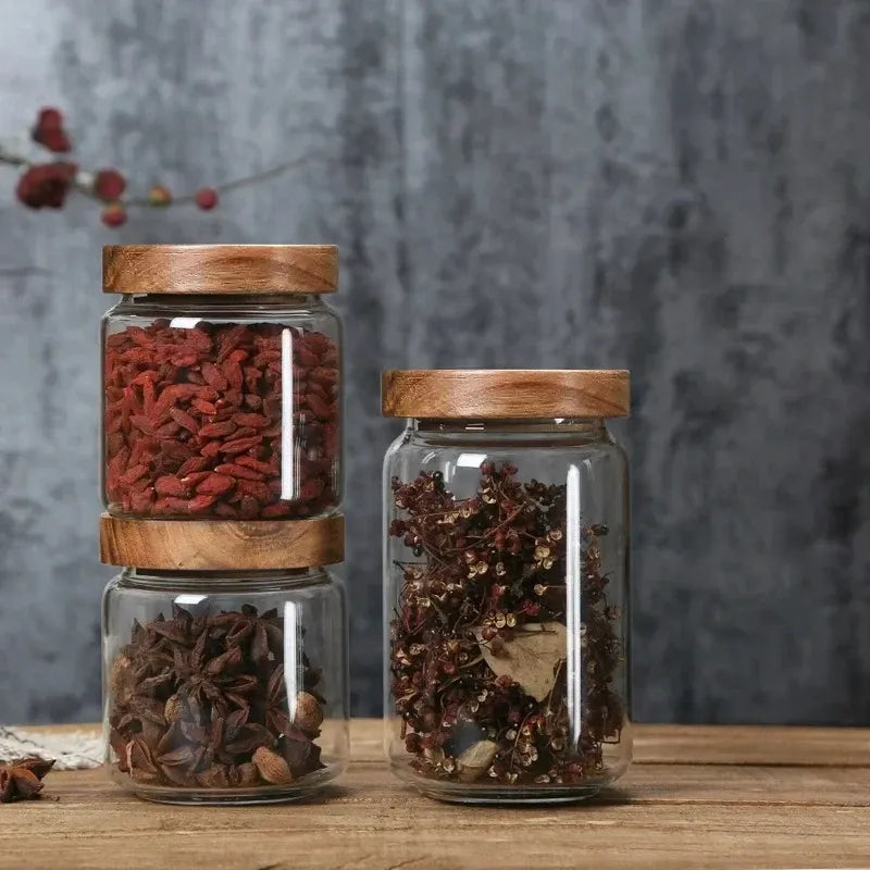 Bocal hermétique en verre, couvercle en bois